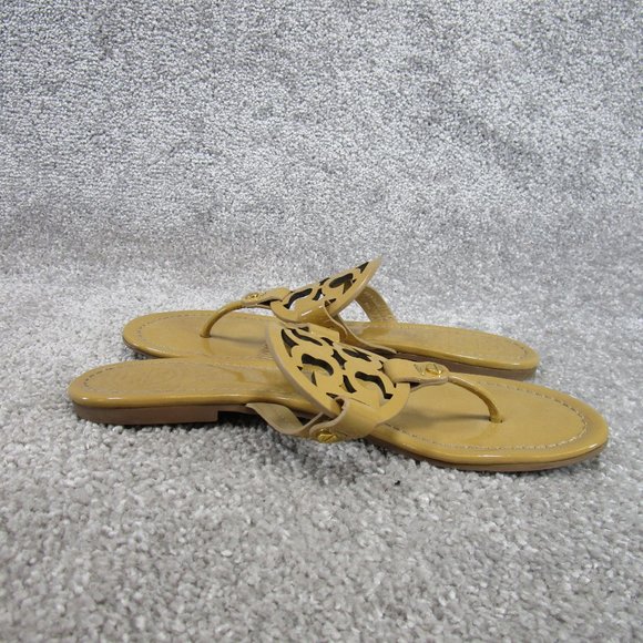 Tory Burch Miller Sandals Womens Size 8.5 Brown Patent Leather Thong Logo - Picture 4 of 7